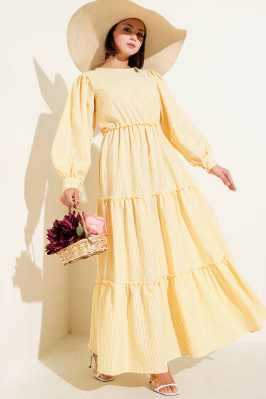 Çizgili Kat Elbise Sarı - Elbise