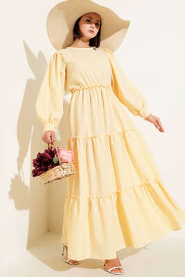 Çizgili Kat Elbise Sarı - TABLO FASHİON