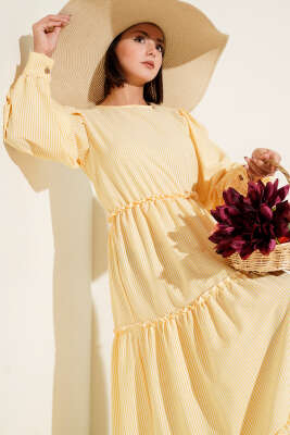 Çizgili Kat Elbise Sarı - Tesettür Elbise