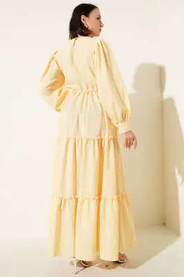 Çizgili Kat Elbise Sarı - Tesettür Elbise