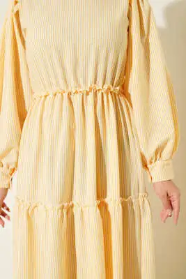 Çizgili Kat Elbise Sarı - Tesettür Elbise