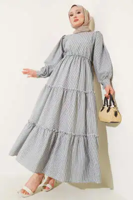 Çizgili Kat Elbise Siyah 