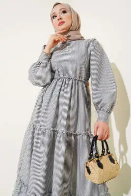 Çizgili Kat Elbise Siyah - Tesettür Elbise