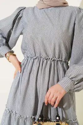 Çizgili Kat Elbise Siyah - Tesettür Elbise