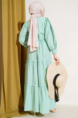 Çizgili Kat Elbise Yeşil - Tesettür Elbise