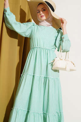 Çizgili Kat Elbise Yeşil - Tesettür Elbise