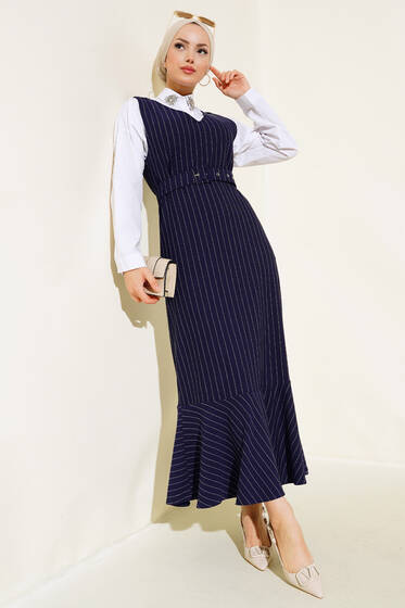 Çizgili Kemerli Jile Lacivert - Elbise