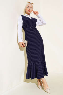 Çizgili Kemerli Jile Lacivert - Tesettür Elbise