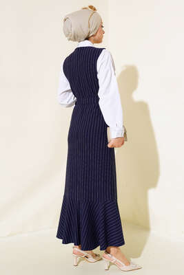 Çizgili Kemerli Jile Lacivert - Tesettür Elbise