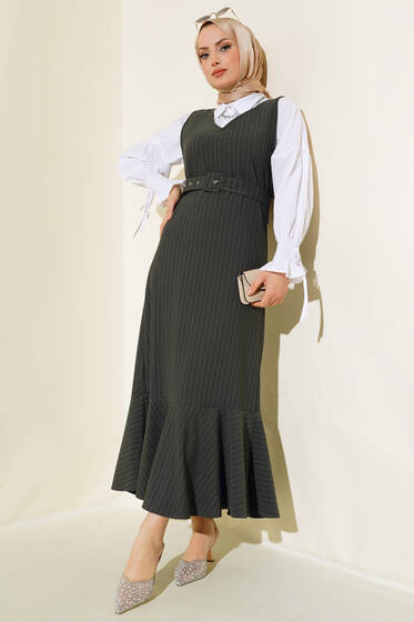 Çizgili Kemerli Jile Nefti - Elbise