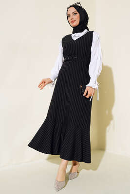 Çizgili Kemerli Jile Siyah 