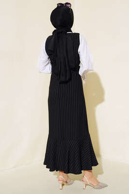 Çizgili Kemerli Jile Siyah - Tesettür Elbise