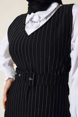 Çizgili Kemerli Jile Siyah - Tesettür Elbise