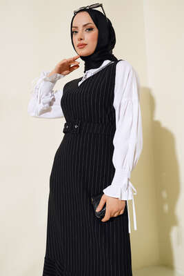 Çizgili Kemerli Jile Siyah - Tesettür Elbise