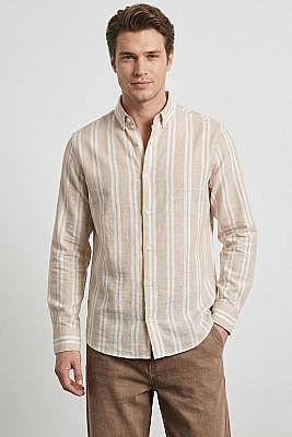 Çizgili Keten Erkek Gömlek Bej - WİPEOUT