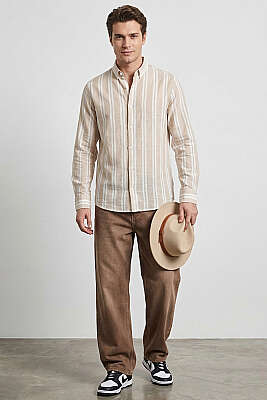 Çizgili Keten Erkek Gömlek Bej - Yılın Fırsatı
