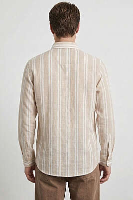Çizgili Keten Erkek Gömlek Bej - Yılın Fırsatı