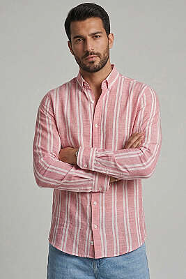 Çizgili Keten Erkek Gömlek Kırmızı 