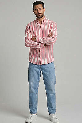 Çizgili Keten Erkek Gömlek Kırmızı - Yılın Fırsatı