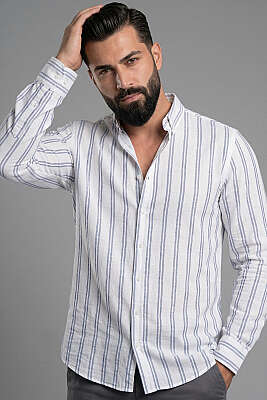 Çizgili Keten Erkek Gömlek Lacivert 