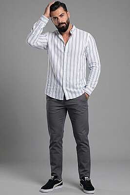 Çizgili Keten Erkek Gömlek Lacivert - Yılın Fırsatı