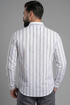 Çizgili Keten Erkek Gömlek Lacivert - Yılın Fırsatı