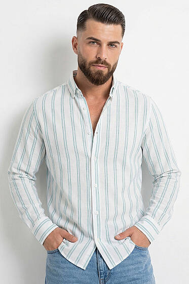 Çizgili Keten Erkek Gömlek Mavi - Yılın Fırsatı
