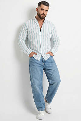 Çizgili Keten Erkek Gömlek Mavi - Yılın Fırsatı