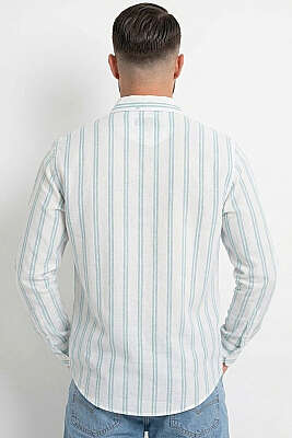 Çizgili Keten Erkek Gömlek Mavi - Yılın Fırsatı