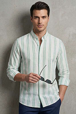 Çizgili Keten Erkek Gömlek Mint 