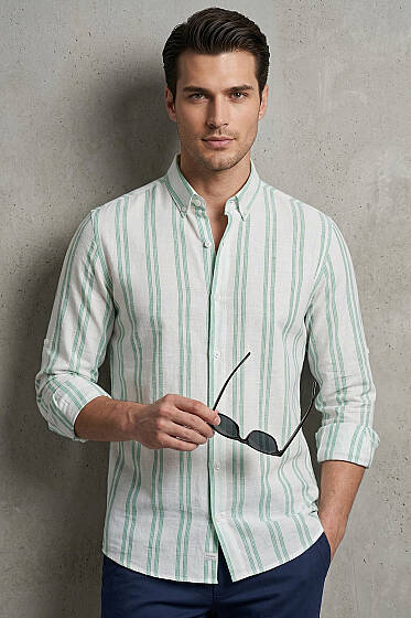 Çizgili Keten Erkek Gömlek Mint - Yılın Fırsatı