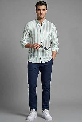 Çizgili Keten Erkek Gömlek Mint - Yılın Fırsatı