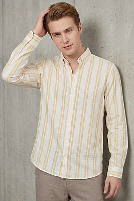 Çizgili Keten Erkek Gömlek Sarı 