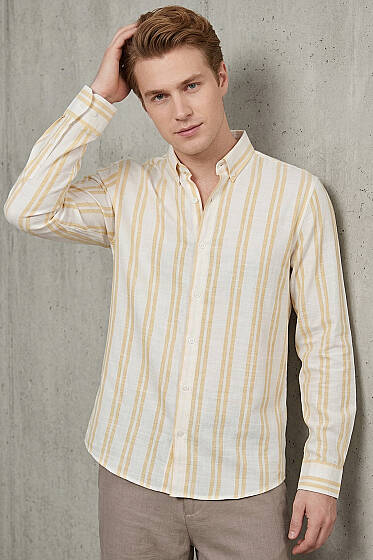 Çizgili Keten Erkek Gömlek Sarı - Yılın Fırsatı