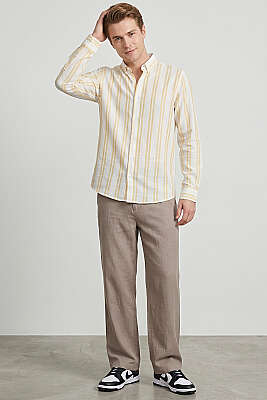 Çizgili Keten Erkek Gömlek Sarı - Yılın Fırsatı