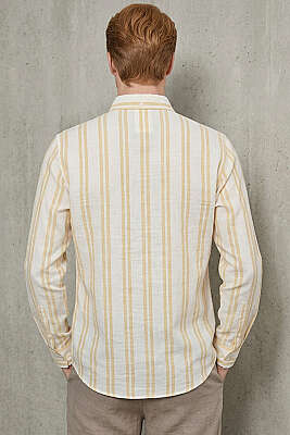 Çizgili Keten Erkek Gömlek Sarı - Yılın Fırsatı