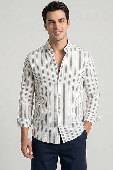 Çizgili Keten Erkek Gömlek Siyah - Yılın Fırsatı