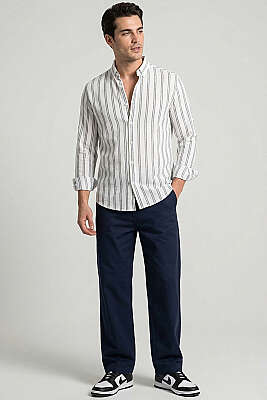 Çizgili Keten Erkek Gömlek Siyah - Yılın Fırsatı