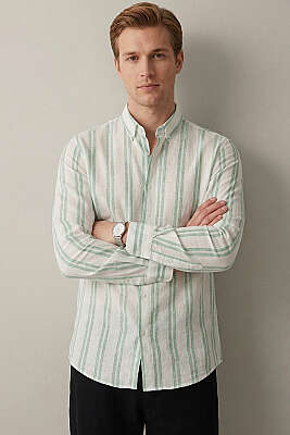 Çizgili Keten Erkek Gömlek Yeşil 