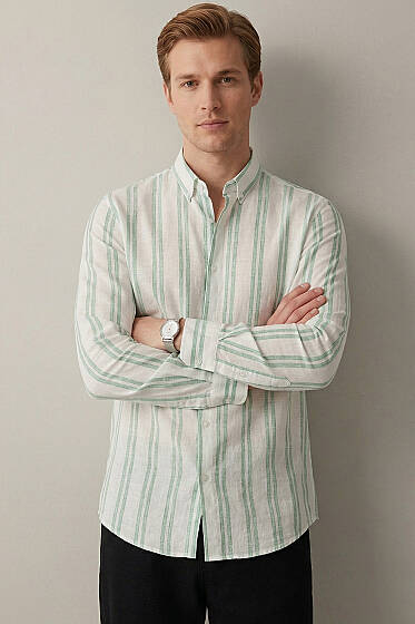 Çizgili Keten Erkek Gömlek Yeşil - Yılın Fırsatı