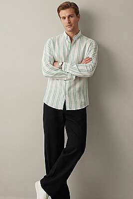 Çizgili Keten Erkek Gömlek Yeşil - Yılın Fırsatı