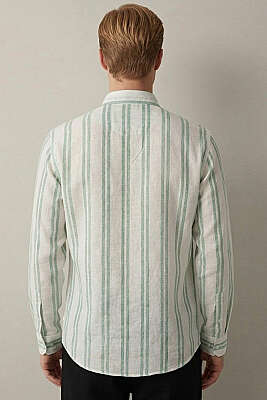 Çizgili Keten Erkek Gömlek Yeşil - Yılın Fırsatı