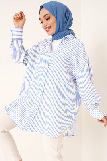 Çizgili Keten Gömlek İndigo - Gömlek