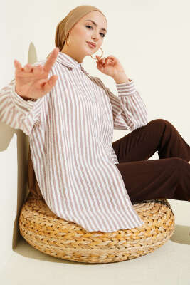 Çizgili Keten Görünümlü Gömlek Bej - TEGOE