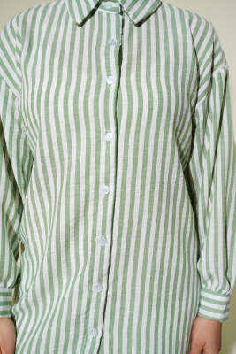 Çizgili Keten Görünümlü Gömlek Çağla Yeşili - Gömlek