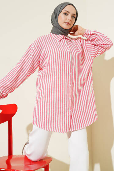 Çizgili Keten Görünümlü Gömlek Gül Kurusu - Gömlek