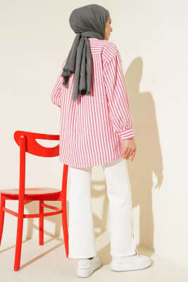 Çizgili Keten Görünümlü Gömlek Gül Kurusu - Gömlek