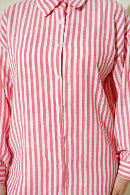 Çizgili Keten Görünümlü Gömlek Gül Kurusu - Gömlek