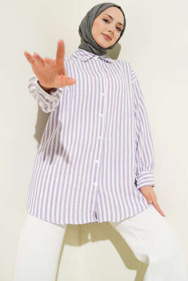 Çizgili Keten Görünümlü Gömlek Lila - TEGOE