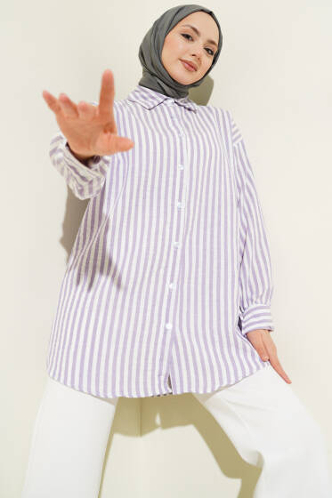 Çizgili Keten Görünümlü Gömlek Lila - Gömlek